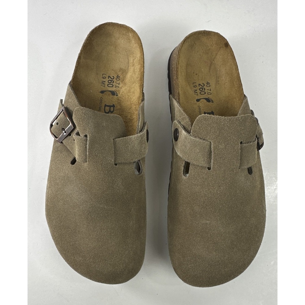 Birkenstock Boston Clog Taupe Tan Brown Sandal Suede Leather Mules Size 40 L9 M7 - Picture 2 of 12